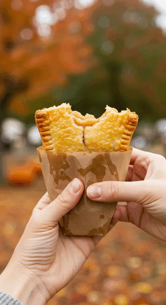 A hand holding a warm, fresh, homemade Caramel Apple Hand Pie at a fall festival.