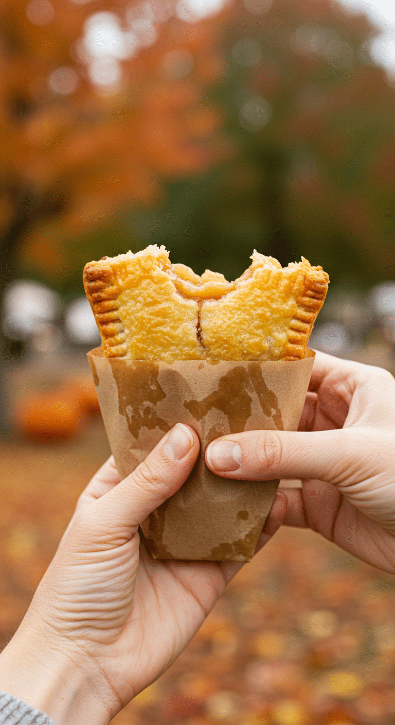 A hand holding a warm, fresh, homemade Caramel Apple Hand Pie at a fall festival.