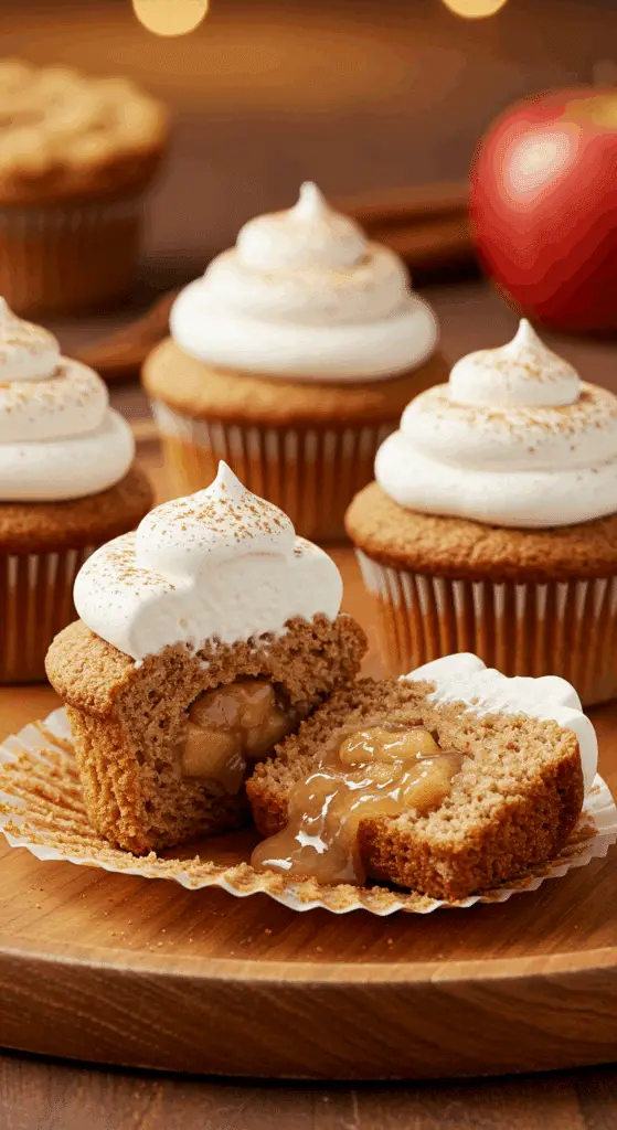A beautiful platter of three homemade Apple Pie Cupcakes, with one cut in half to show the gooey apple filling.