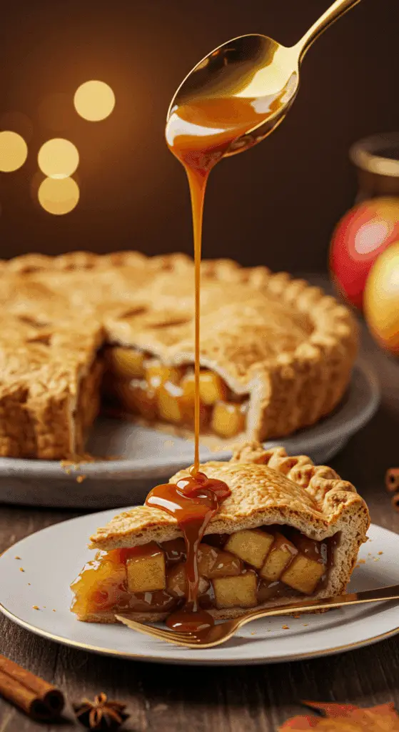 A beautiful, golden-brown homemade Hot Toddy Apple Pie with a flaky crust and a slice being drizzled with caramel sauce.