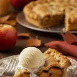 A perfect slice of warm, homemade Hot Toddy Apple Pie served with a scoop of melting vanilla ice cream at a holiday dinner.