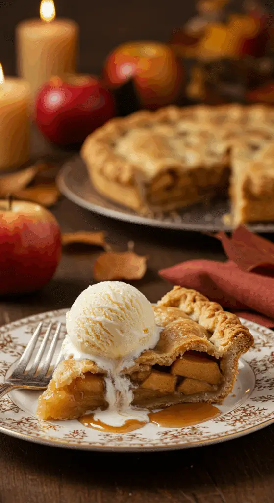 A perfect slice of warm, homemade Hot Toddy Apple Pie served with a scoop of melting vanilla ice cream at a holiday dinner.