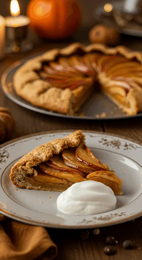 An elegant slice of homemade Apple-Pumpkin Galette being served with a quenelle of mascarpone at a dinner party.