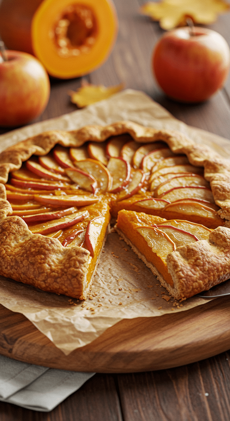 A beautiful, golden-brown, rustic homemade Apple-Pumpkin Galette with a creamy pumpkin layer.