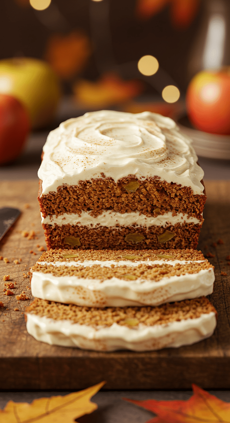 A beautiful, moist, homemade Apple Spice Loaf Cake with a thick layer of cream cheese frosting through the middle.