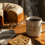 A warm, thick slice of homemade Apple Spice Cake with cream cheese frosting, served with a hot cup of coffee.