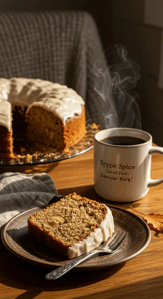 A warm, thick slice of homemade Apple Spice Cake with cream cheese frosting, served with a hot cup of coffee.