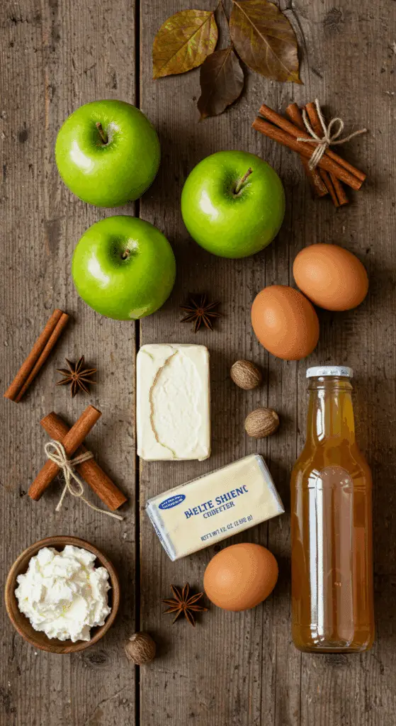 The classic, from-scratch ingredients for the homemade Apple Spice Cake with Cream Cheese Icing.