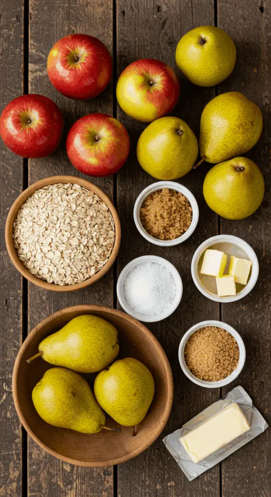The fresh, seasonal ingredients for the Apple and Pear Crisp recipe.
