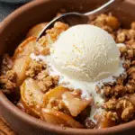 A close-up of a warm bowl of Apple and Pear Crisp with a scoop of vanilla ice cream melting on top.
