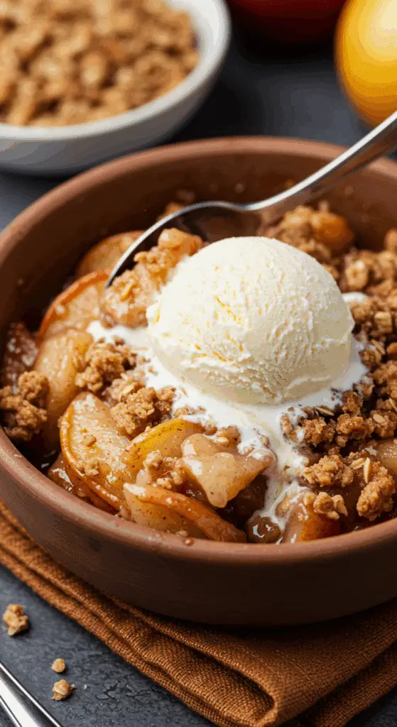 A close-up of a warm bowl of Apple and Pear Crisp with a scoop of vanilla ice cream melting on top.