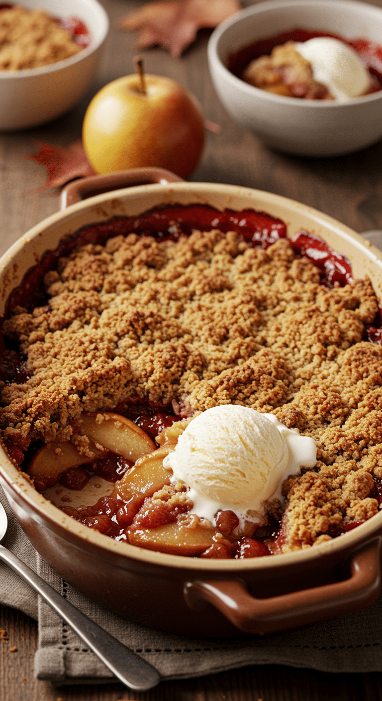 A warm, golden-brown homemade Apple and Pear Crisp in a baking dish with a scoop of melting vanilla ice cream.