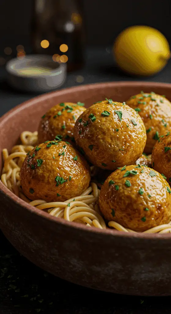 A beautiful, rustic bowl of homemade, golden-brown Baked Chicken Meatballs in a glossy lemon herb butter sauce, served over spaghetti.