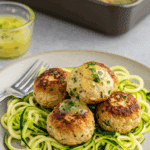 A beautiful plate of homemade Baked Chicken Meatballs and sauce, served over a bed of fresh zucchini noodles for a healthy meal.