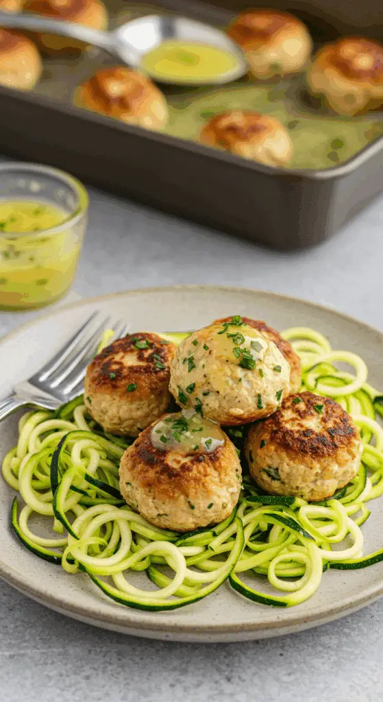 A beautiful plate of homemade Baked Chicken Meatballs and sauce, served over a bed of fresh zucchini noodles for a healthy meal.
