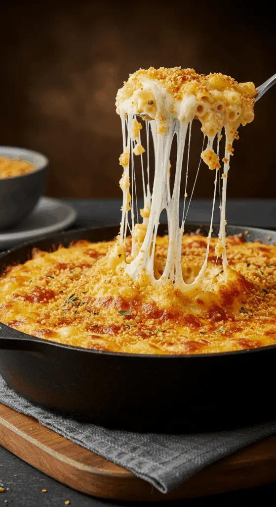 A beautiful, golden-brown baked Macaroni and Cheese with an epic, stretchy cheese pull.