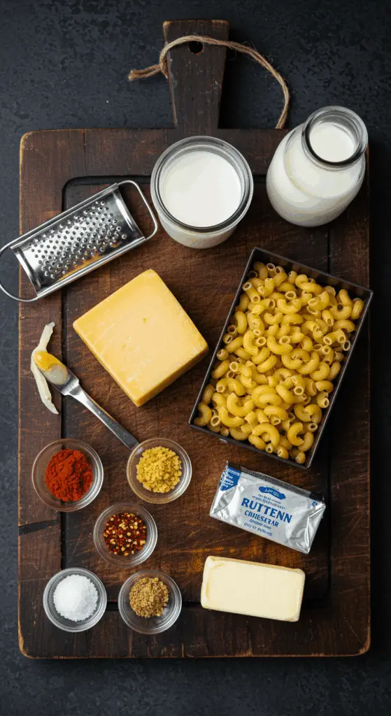The classic, simple ingredients for the homemade baked Macaroni and Cheese recipe.