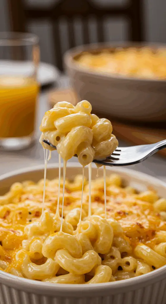 A fork digging into a delicious, creamy bowl of homemade Macaroni and Cheese.