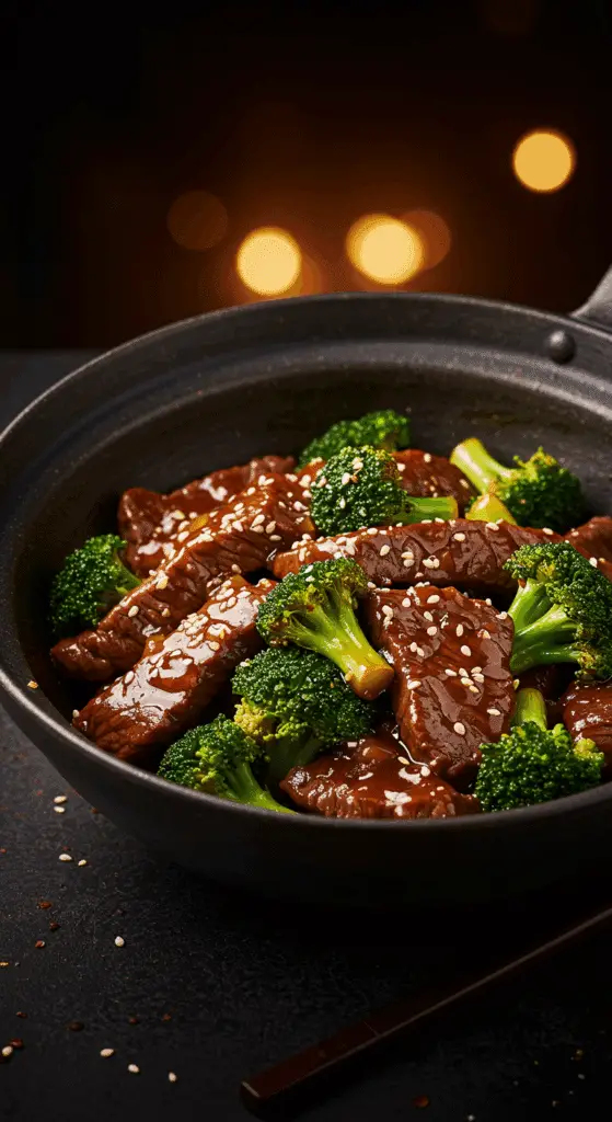 A beautiful, rustic bowl of homemade, better-than-takeout Beef and Broccoli with a rich, glossy brown sauce.