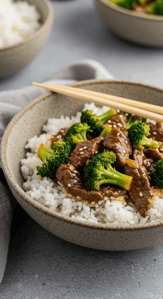A cozy bowl of homemade Beef and Broccoli served over a bed of fluffy white rice with chopsticks.