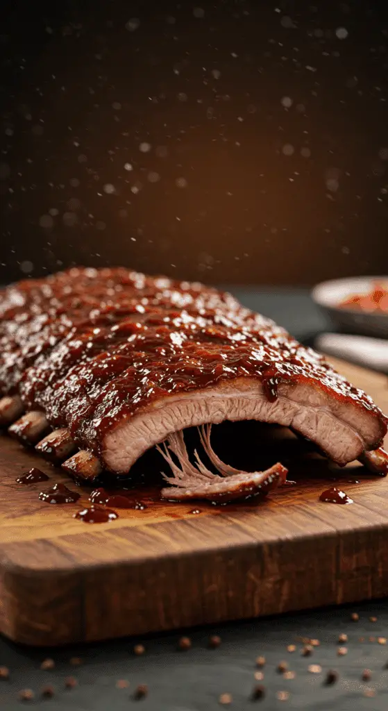 A perfect, glossy, and tender rack of homemade Oven-Baked Baby Back Ribs on a cutting board.
