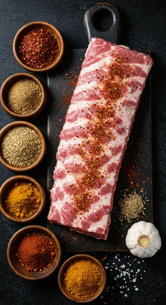 A raw rack of baby back ribs and the colorful variety of spices for the homemade dry rub.