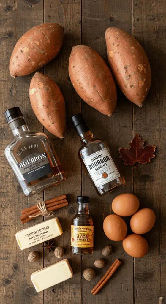 The classic, from-scratch ingredients for the homemade Maple Bourbon Sweet potato Pie recipe.