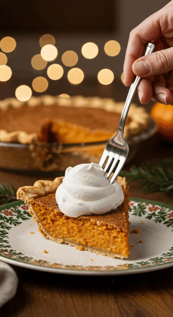 A perfect slice of homemade Maple Bourbon Sweet Potato Pie with a dollop of whipped cream being served for a holiday dessert.