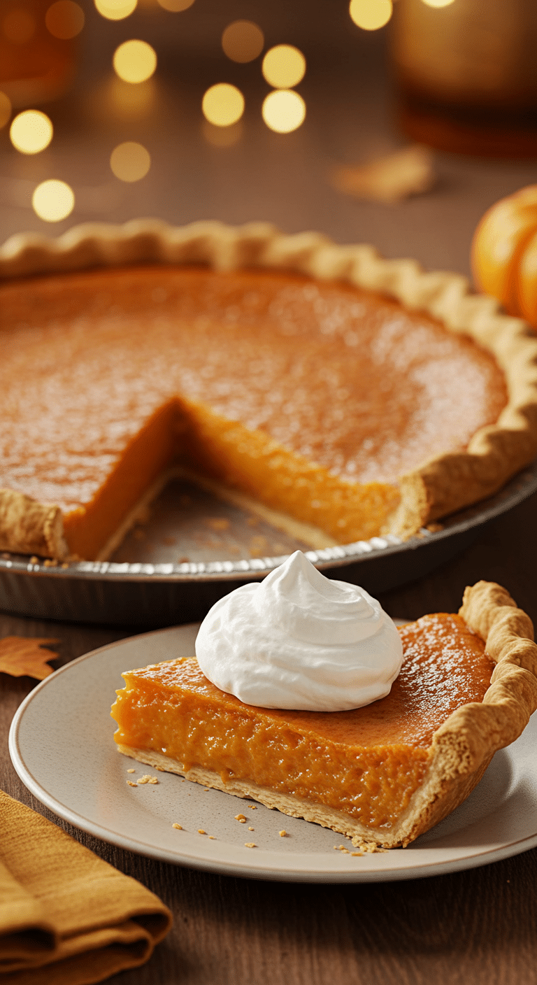 A beautiful, golden-brown homemade Maple Bourbon Sweet Potato Pie with a flaky crust and a perfect, creamy slice removed.