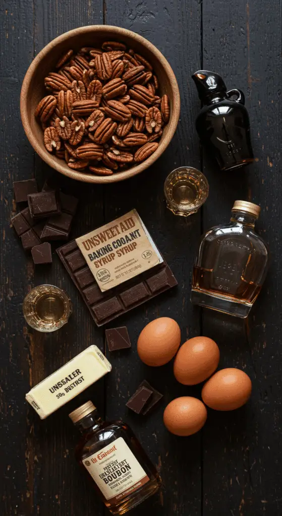 The rich, from-scratch ingredients for the decadent Chocolate Bourbon Pecan Pie recipe.