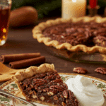 A perfect slice of homemade Chocolate Bourbon Pecan Pie with a dollop of whipped cream being served for a holiday dessert.