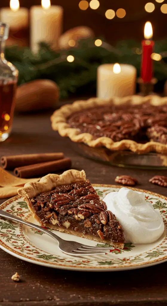 A perfect slice of homemade Chocolate Bourbon Pecan Pie with a dollop of whipped cream being served for a holiday dessert.