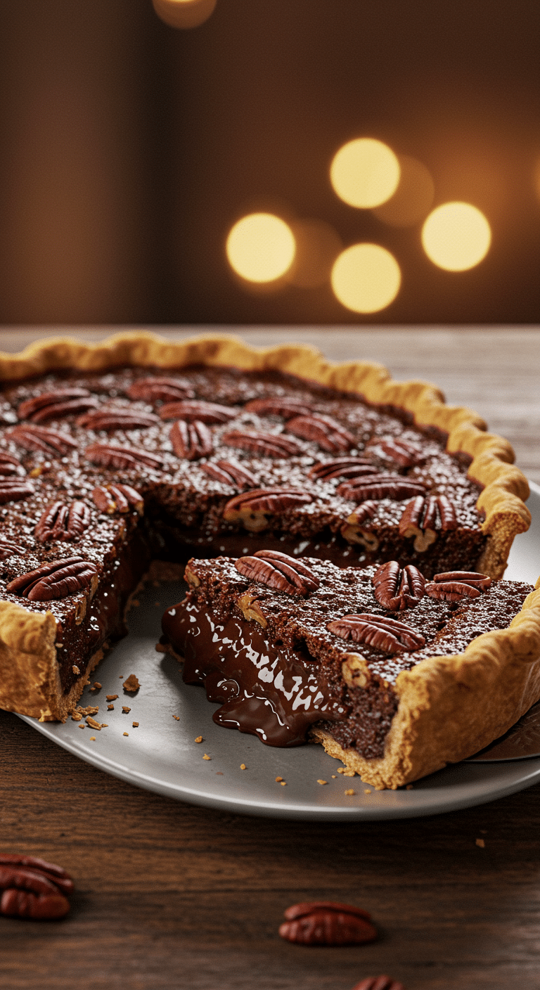 A beautiful, glossy, homemade Chocolate Bourbon Pecan Pie with a flaky crust and a perfect slice removed to show the fudgy chocolate filling.