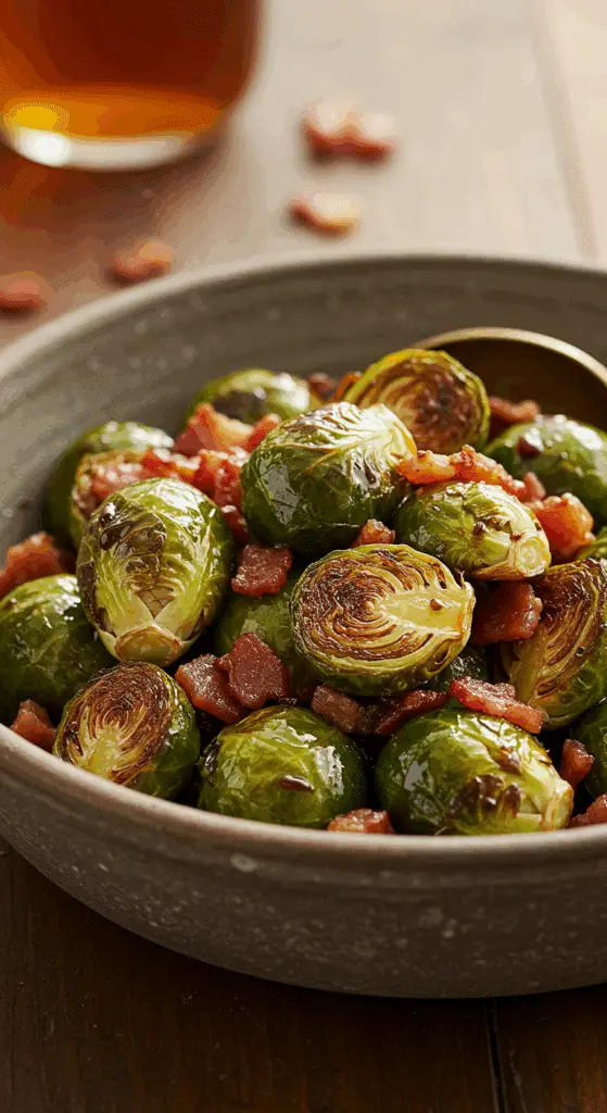 A beautiful, rustic bowl of perfectly crispy and caramelized Balsamic-Roasted Brussels Sprouts with pancetta.