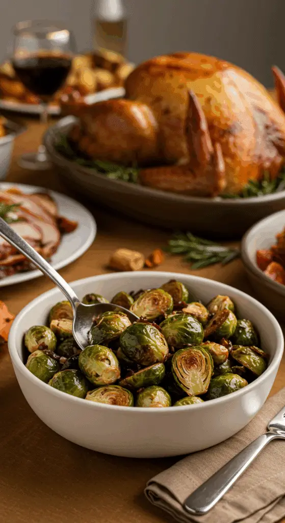 The beautiful bowl of Balsamic-Roasted Brussels Sprouts being served as a side dish at a festive holiday dinner.