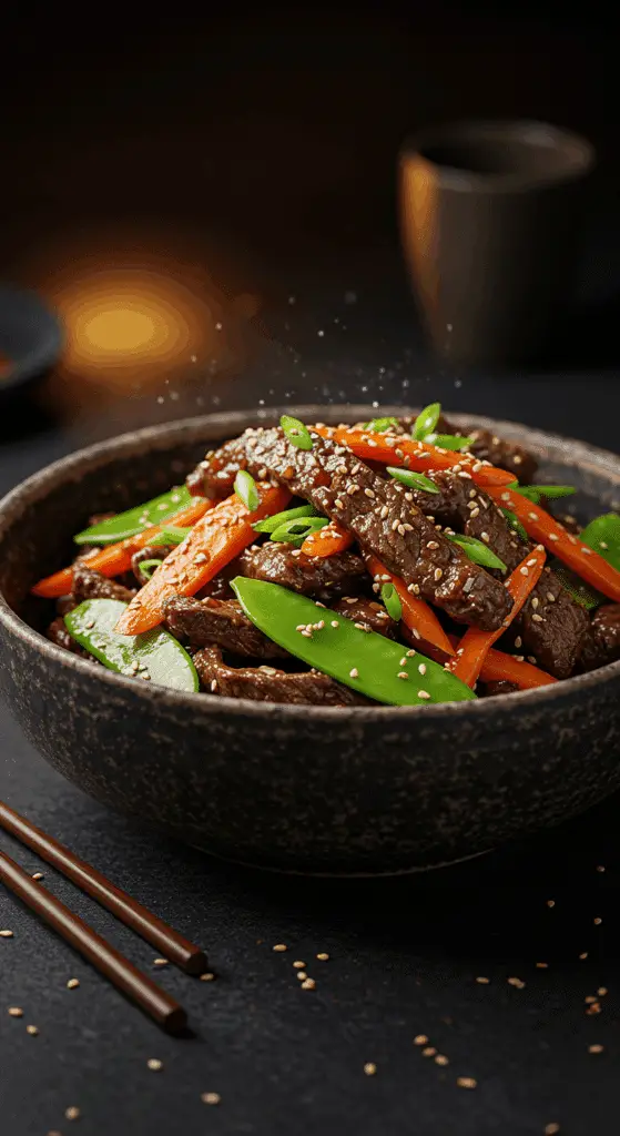 A beautiful, rustic bowl of homemade, authentic Korean BBQ Bulgogi with tender, thinly sliced beef and vegetables.