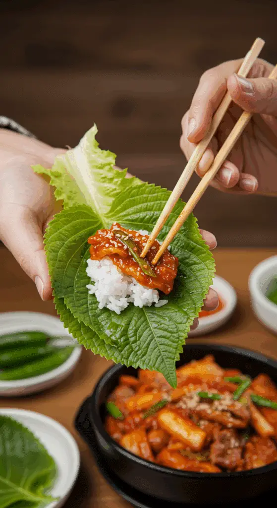 A person's hands using chopsticks to make a traditional Korean lettuce wrap (ssam) with a piece of homemade bulgogi.