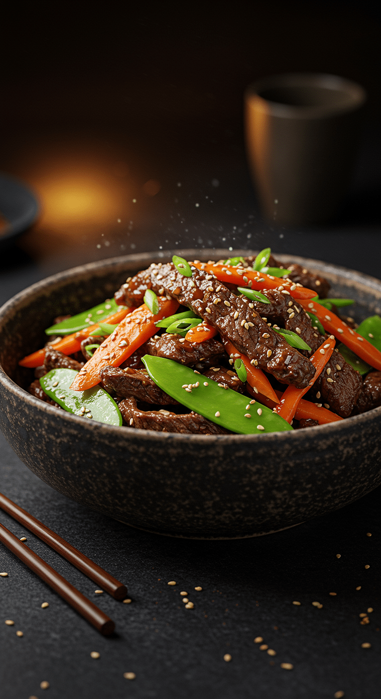 A beautiful, rustic bowl of homemade, authentic Korean BBQ Bulgogi with tender, thinly sliced beef and vegetables.