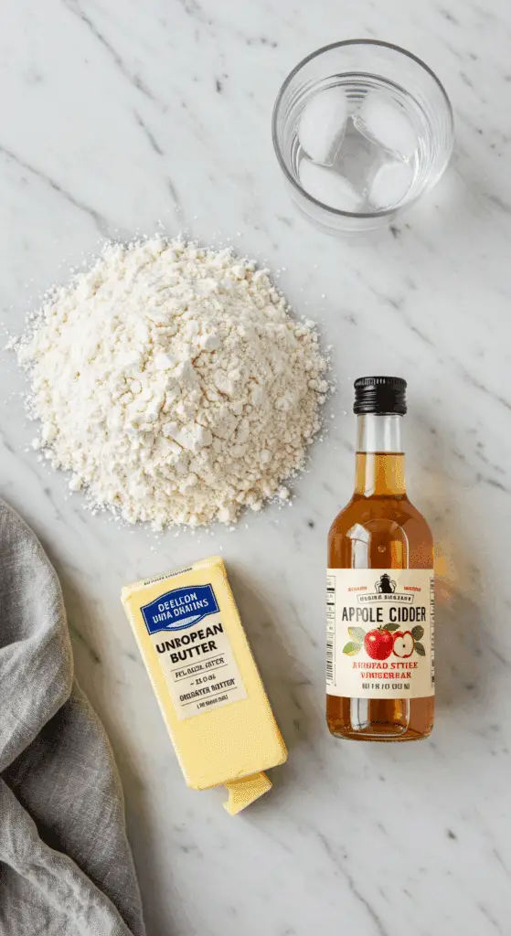 The simple, classic ingredients for a perfect, flaky homemade all-butter pie crust: flour, cold butter, vinegar, and ice water.