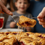 A hand using a fork to break off a piece of a super flaky, homemade, all-butter pie crust.