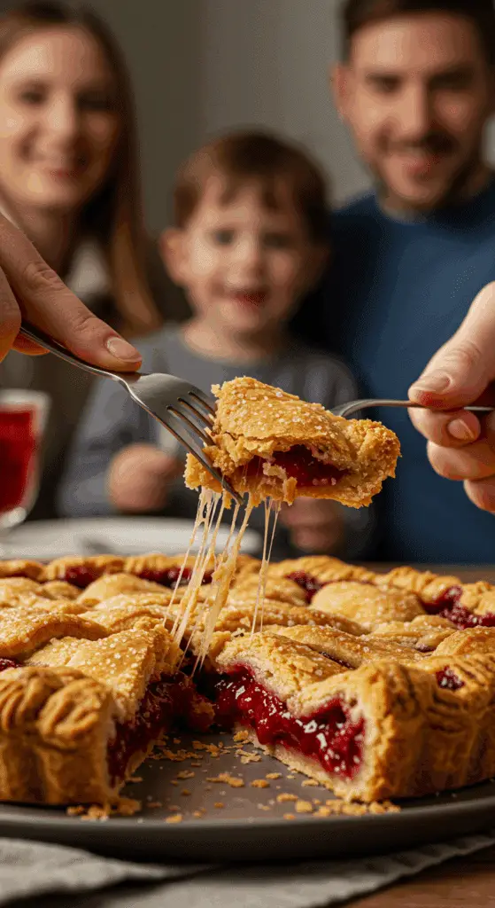 A hand using a fork to break off a piece of a super flaky, homemade, all-butter pie crust.