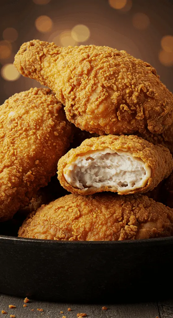 Several pieces of perfectly golden-brown and crispy, juicy homemade Buttermilk Fried Chicken in a cast-iron skillet.
