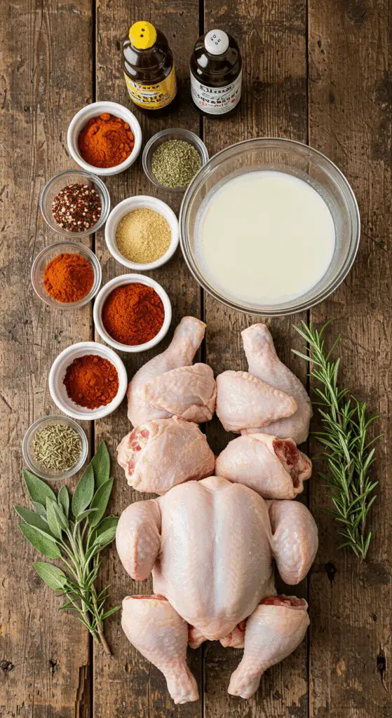 The fresh, rustic ingredients for the classic Buttermilk Fried Chicken recipe.