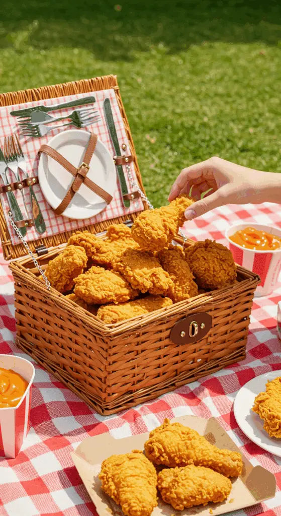 A basket of crispy Buttermilk Fried Chicken being enjoyed at a happy summer picnic.