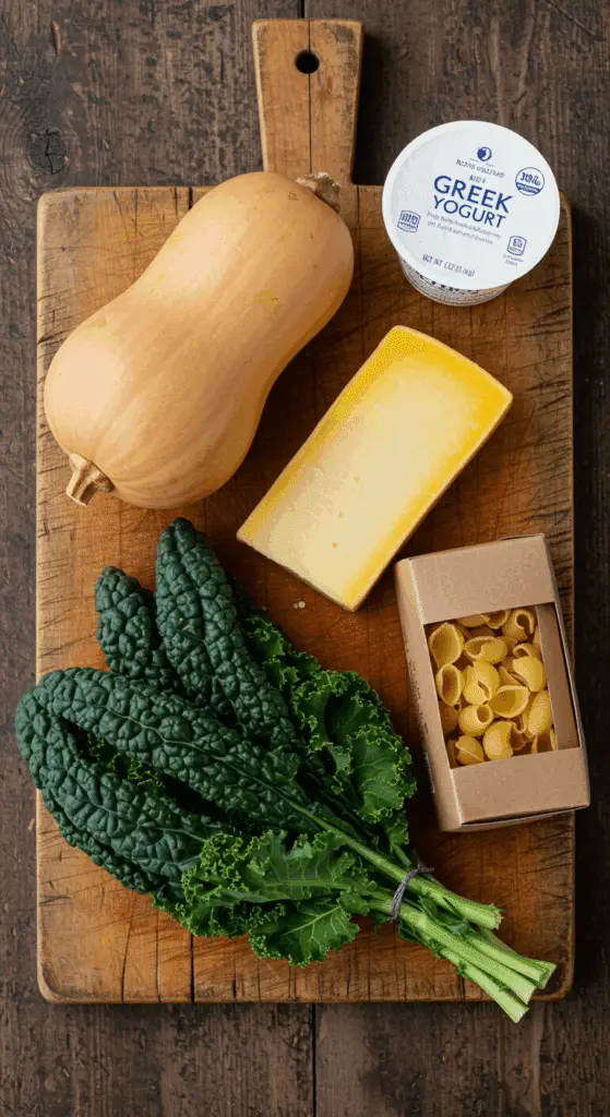 The fresh, wholesome ingredients for the hearty, from-scratch Butternut Squash Mac and Cheese recipe.