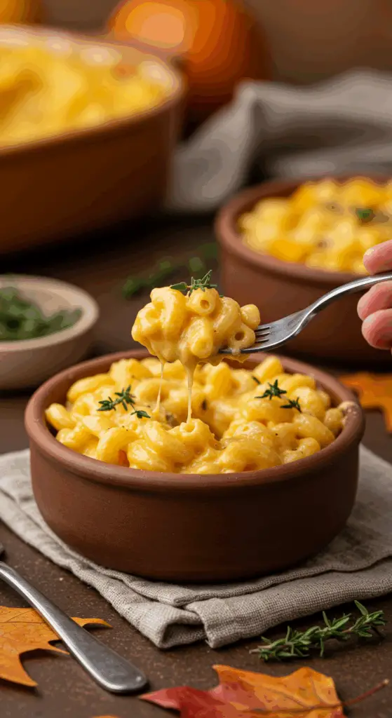 A beautiful and cozy bowl of homemade, creamy Butternut Squash Mac and Cheese being served for dinner.
