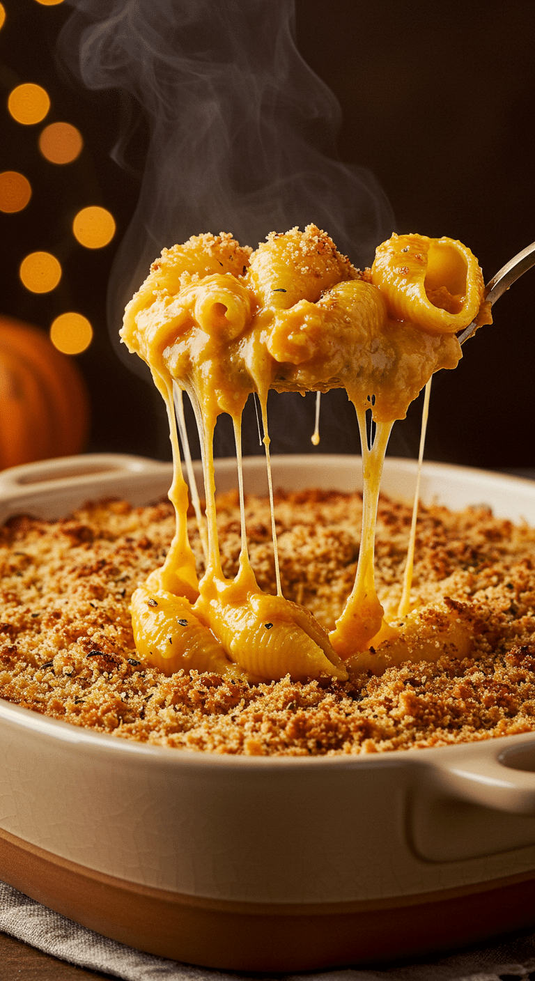 A beautiful, rustic casserole dish of homemade, creamy Butternut Squash Mac and Cheese with a large, cheesy scoop being lifted out.