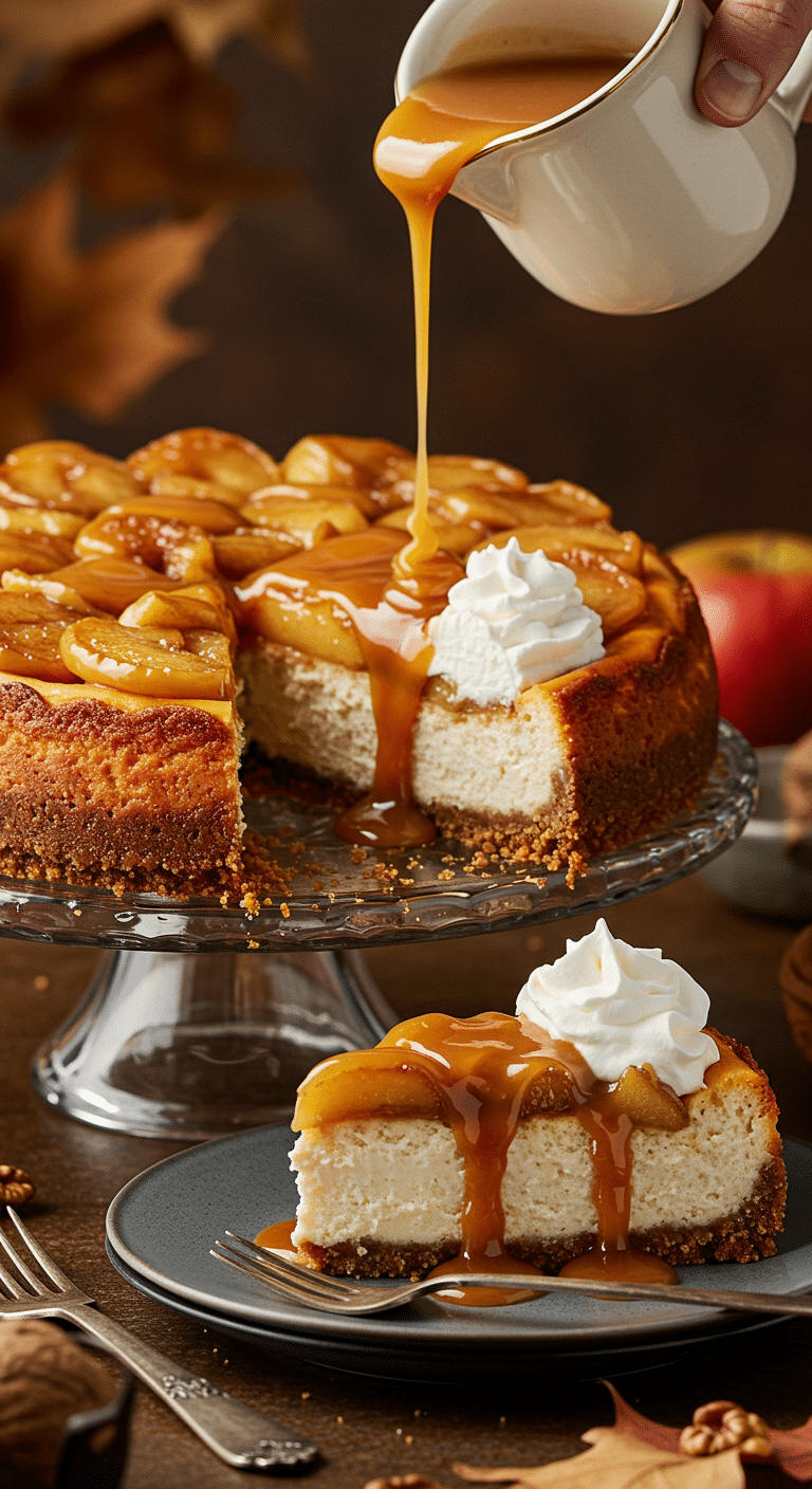 A beautiful, creamy, homemade Caramel Apple Cheesecake on a cake stand with a slice being drizzled with caramel sauce.