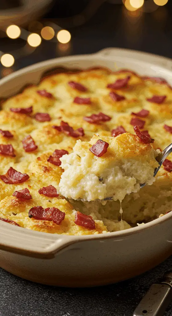 A beautiful, golden-brown, baked Carbonara Mashed Potato casserole with a perfect, creamy scoop removed.