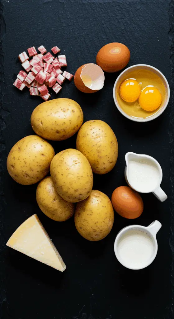 The simple, high-quality ingredients for the decadent Carbonara Mashed Potatoes recipe.